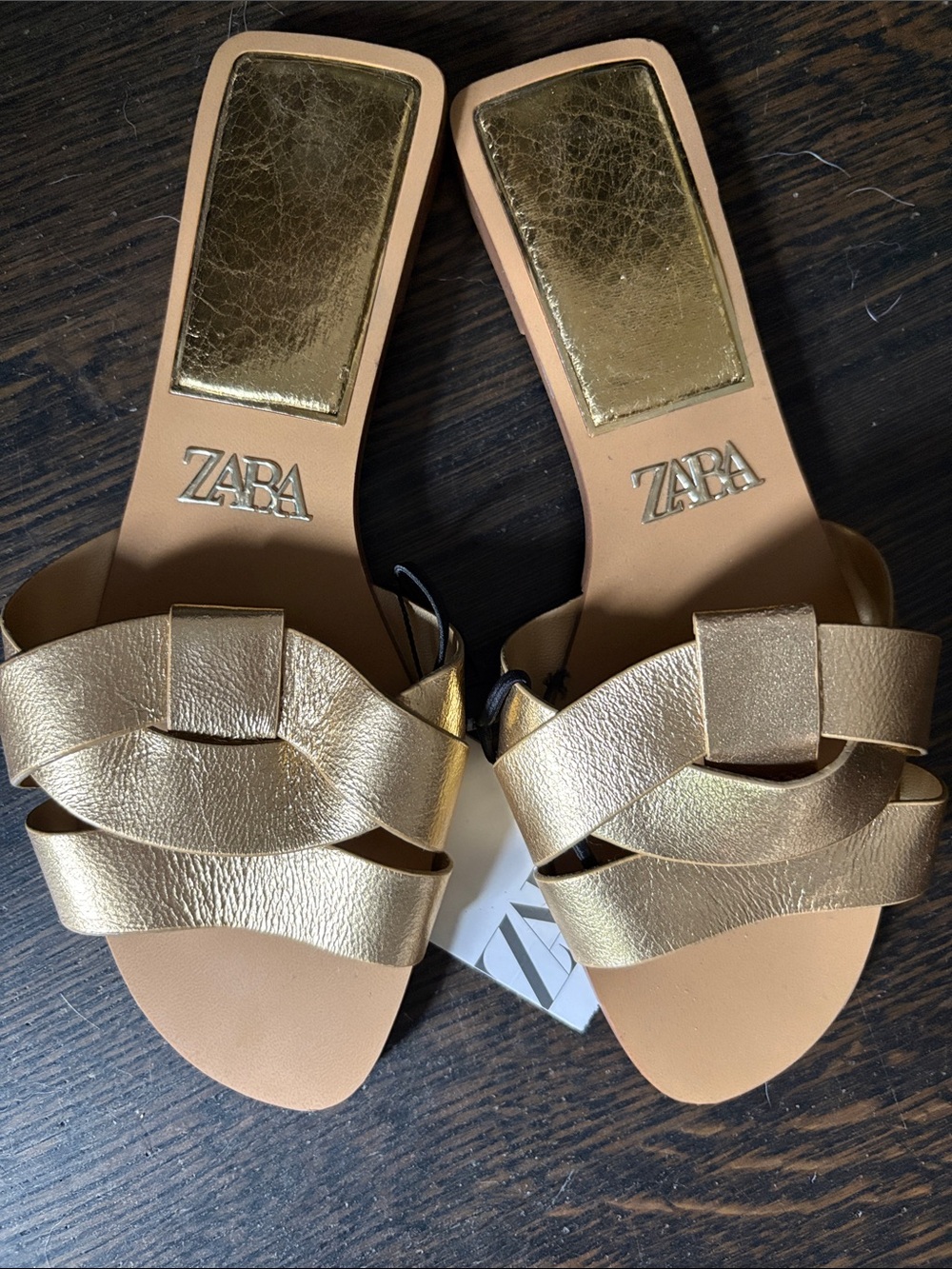 Zara Metallic Gold Braided Slide Sandals